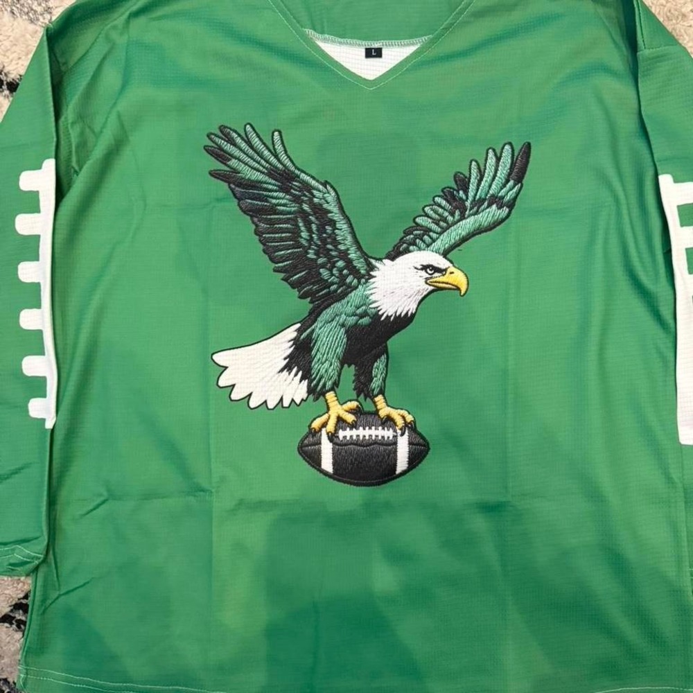 Kelly Green Eagle‎ Football Jersey Long Sleeve V-Neck Embroidered Shirt L